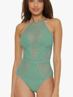Becca Women's Color Play High Neck Lace 1PC  Swimsuit in Mineral size M NWT